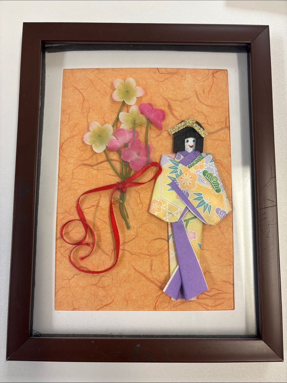 Handmade Orange Framed Origami Doll Wall Art with Pink Flowers